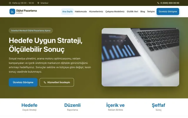 Dijital Pazarlama Ajansı için Klasik Zeytin Mavi – Dijital Pazarlama Ajansı Web Sitesi ana sayfa görünümü