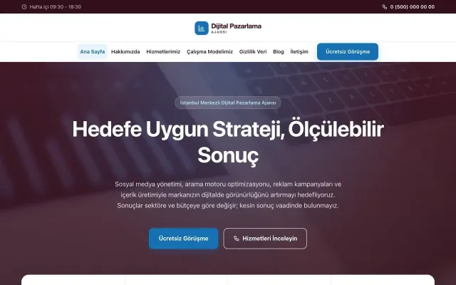 Dijital Pazarlama Ajansı için Merkez Bordo Mavi – Dijital Pazarlama Ajansı Web Sitesi ana sayfa görünümü