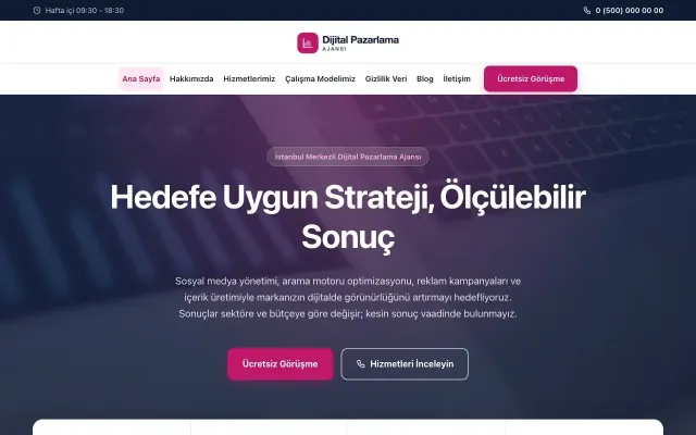 Dijital Pazarlama Ajansı için Merkez Mavi Pembe – Dijital Pazarlama Ajansı Web Sitesi ana sayfa görünümü