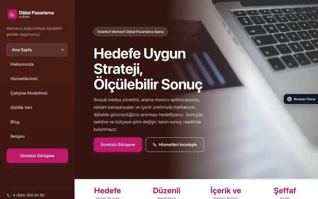 Dijital Pazarlama Ajansı için Sol Menü Bordo Pembe – Dijital Pazarlama Ajansı Web Sitesi ana sayfa görünümü