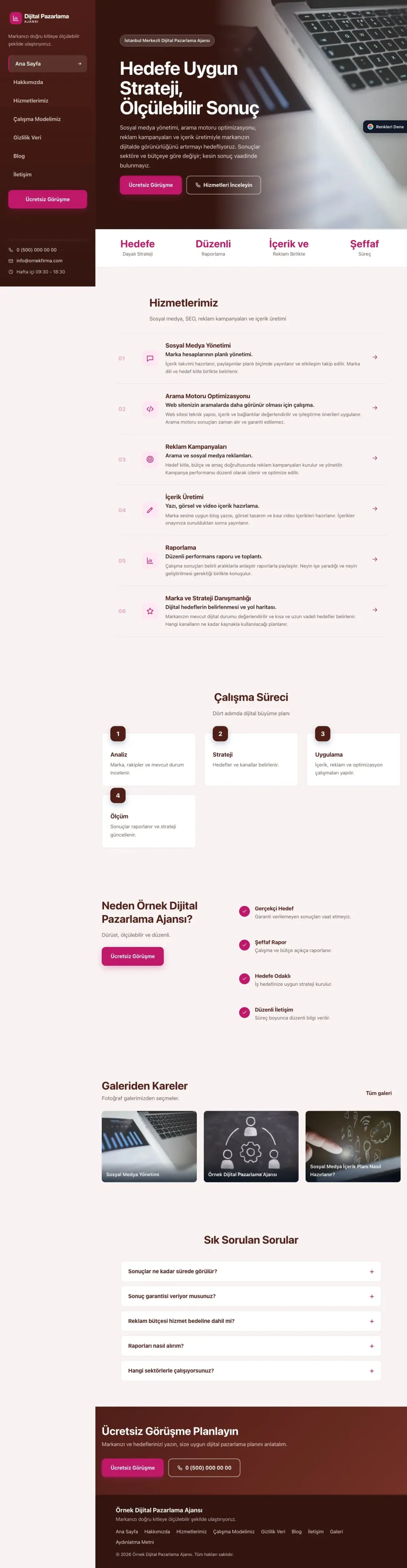 Dijital Pazarlama Ajansı için Sol Menü Bordo Pembe – Dijital Pazarlama Ajansı Web Sitesi ana sayfa görünümü
