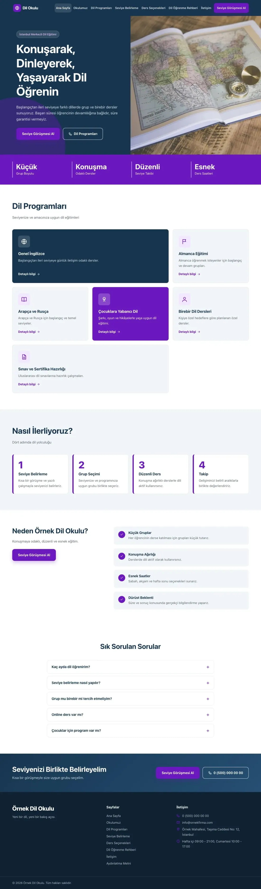 Blok Mavi Mor – Dil Okulu Web Sitesi ana sayfa görünümü