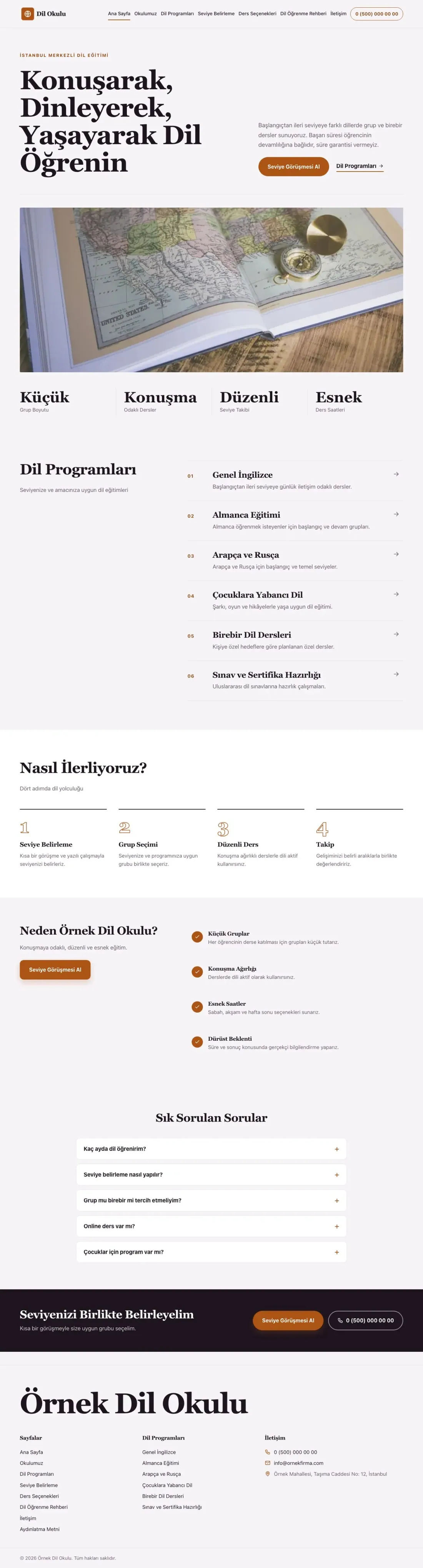 Editoryal Mor Turuncu – Dil Okulu Web Sitesi ana sayfa görünümü