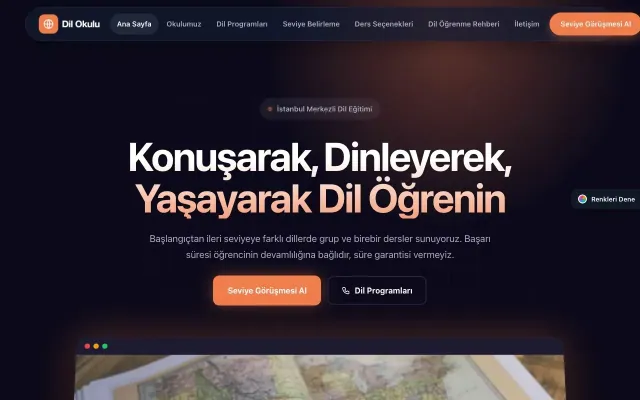 Dil Okulu için Koyu Modern Lacivert Turuncu – Dil Okulu Web Sitesi ana sayfa görünümü