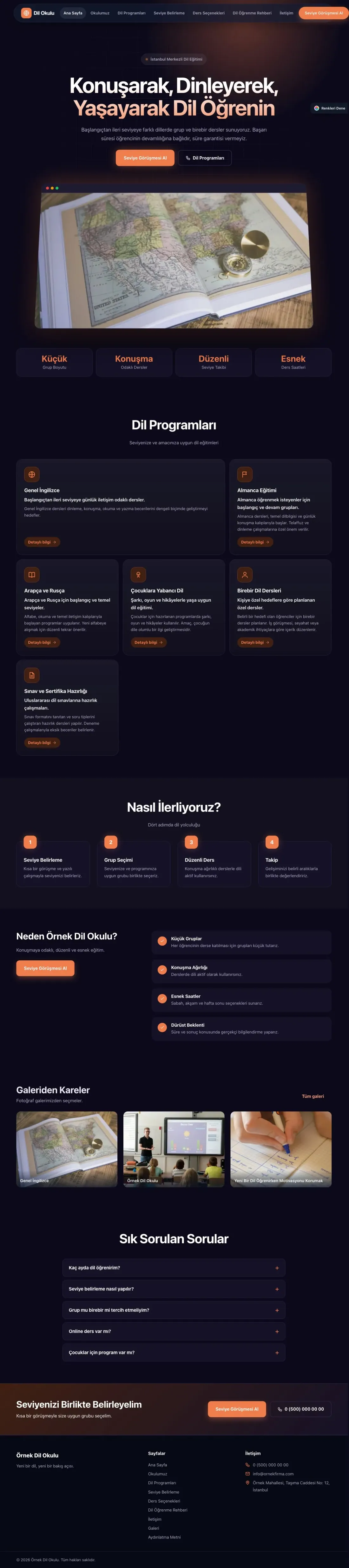 Dil Okulu için Koyu Modern Lacivert Turuncu – Dil Okulu Web Sitesi ana sayfa görünümü