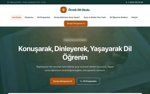 Dil Okulu için Merkez Petrol Turuncu – Dil Okulu Web Sitesi ana sayfa görünümü