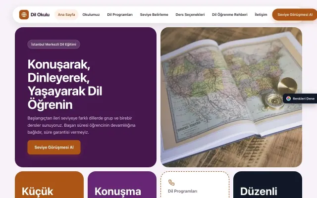 Dil Okulu için Mozaik Mor Turuncu – Dil Okulu Web Sitesi ana sayfa görünümü