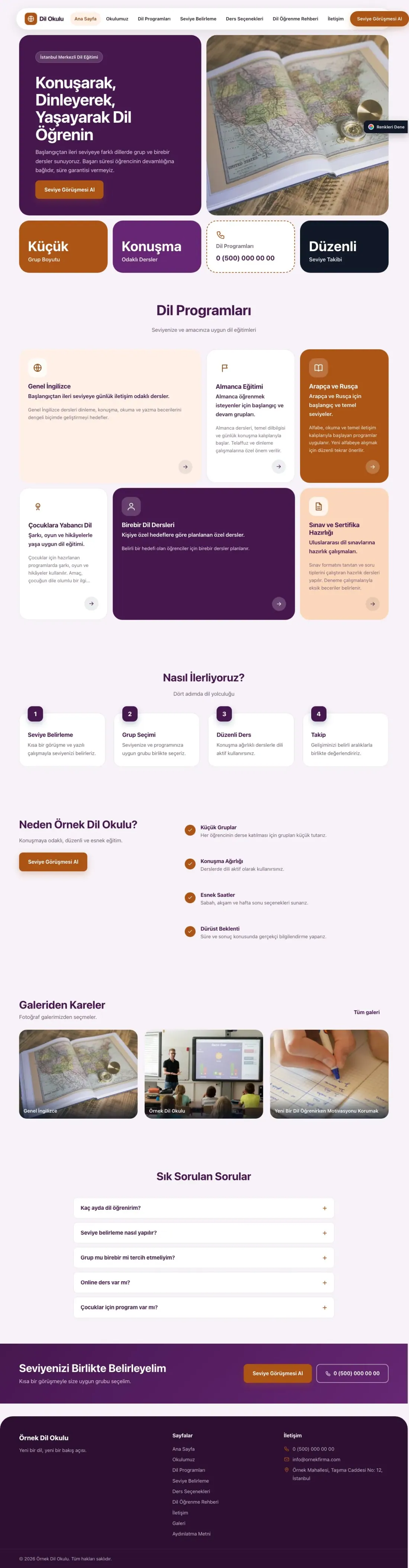 Dil Okulu için Mozaik Mor Turuncu – Dil Okulu Web Sitesi ana sayfa görünümü