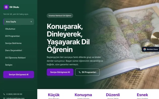 Dil Okulu için Sol Menü Petrol Mor – Dil Okulu Web Sitesi ana sayfa görünümü