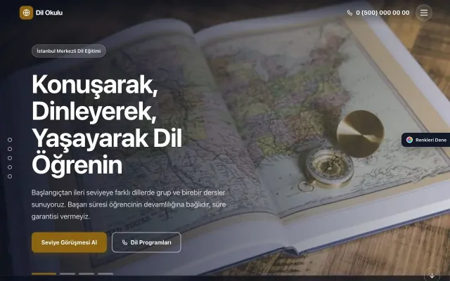 Dil Okulu için Tam Ekran Mor Amber – Dil Okulu Web Sitesi ana sayfa görünümü