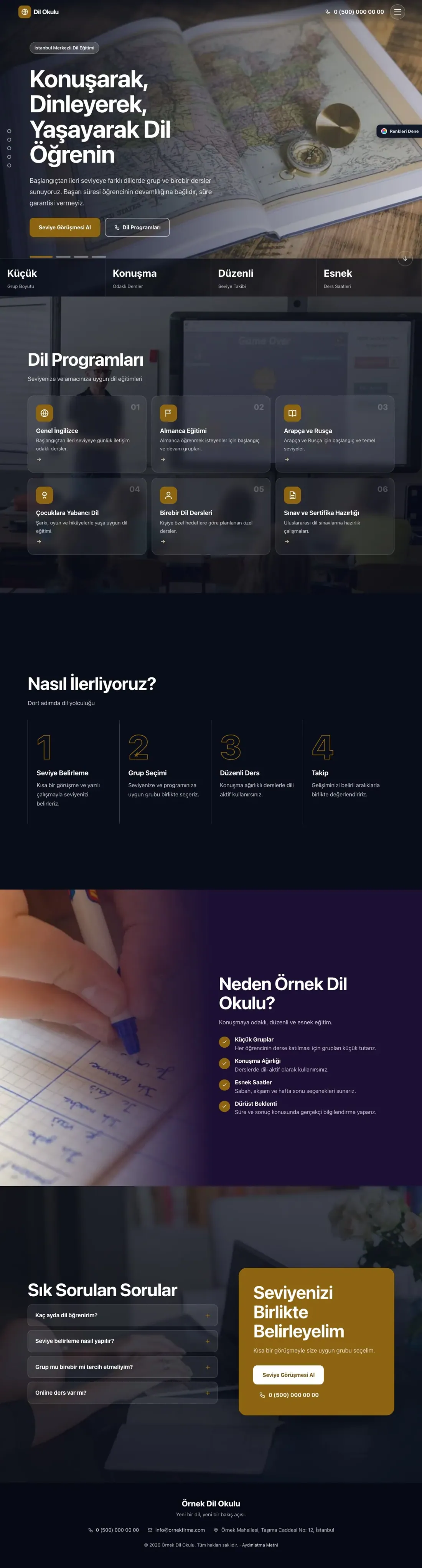 Dil Okulu için Tam Ekran Mor Amber – Dil Okulu Web Sitesi ana sayfa görünümü