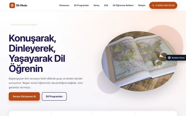 Dil Okulu için Tek Sayfa Lacivert Turuncu – Dil Okulu Web Sitesi ana sayfa görünümü