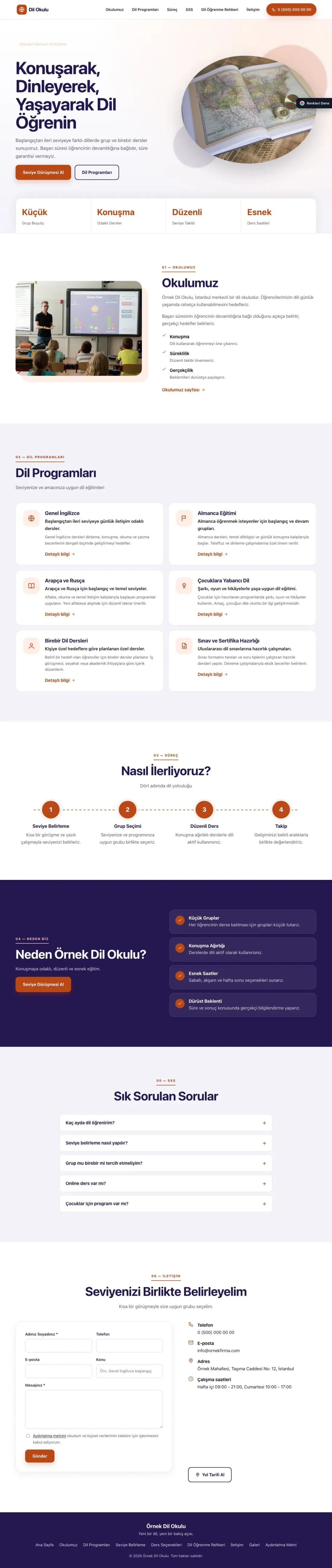 Dil Okulu için Tek Sayfa Lacivert Turuncu – Dil Okulu Web Sitesi ana sayfa görünümü