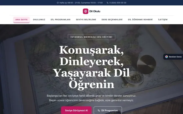 Dil Okulu için Zigzag Mavi Pembe – Dil Okulu Web Sitesi ana sayfa görünümü