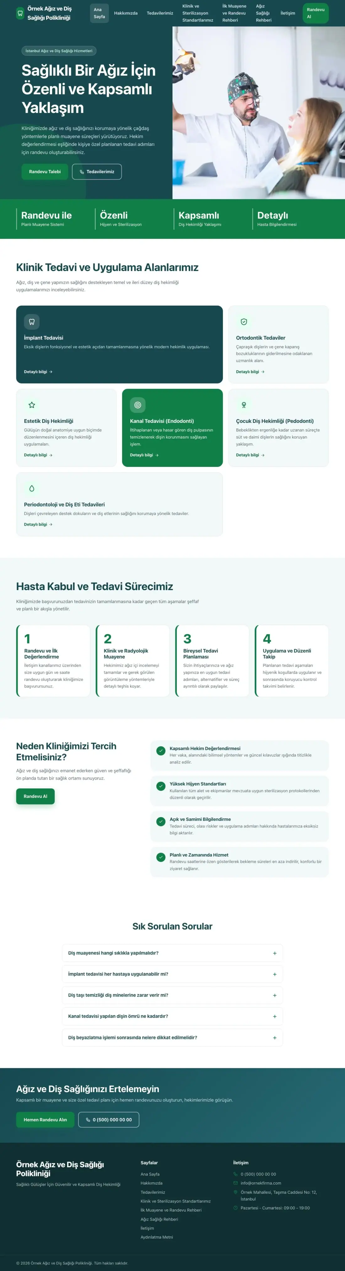 Diş Hekimi için Blok Petrol Yeşil – Diş Hekimi Web Sitesi ana sayfa görünümü