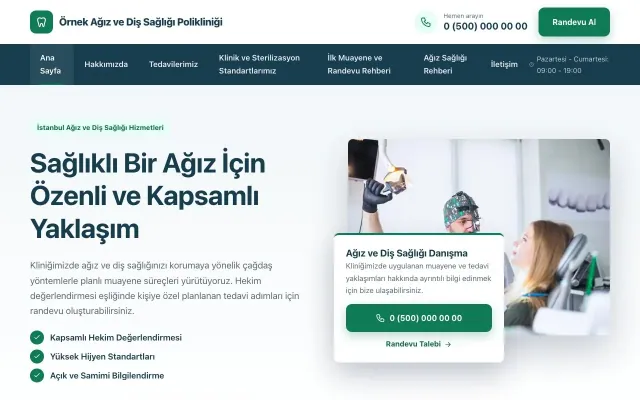 Diş Hekimi için Bölünmüş Mavi Turkuaz – Diş Hekimi Web Sitesi ana sayfa görünümü