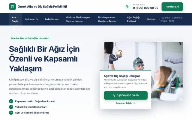 Diş Hekimi için Bölünmüş Mavi Turkuaz II – Diş Hekimi Web Sitesi ana sayfa görünümü