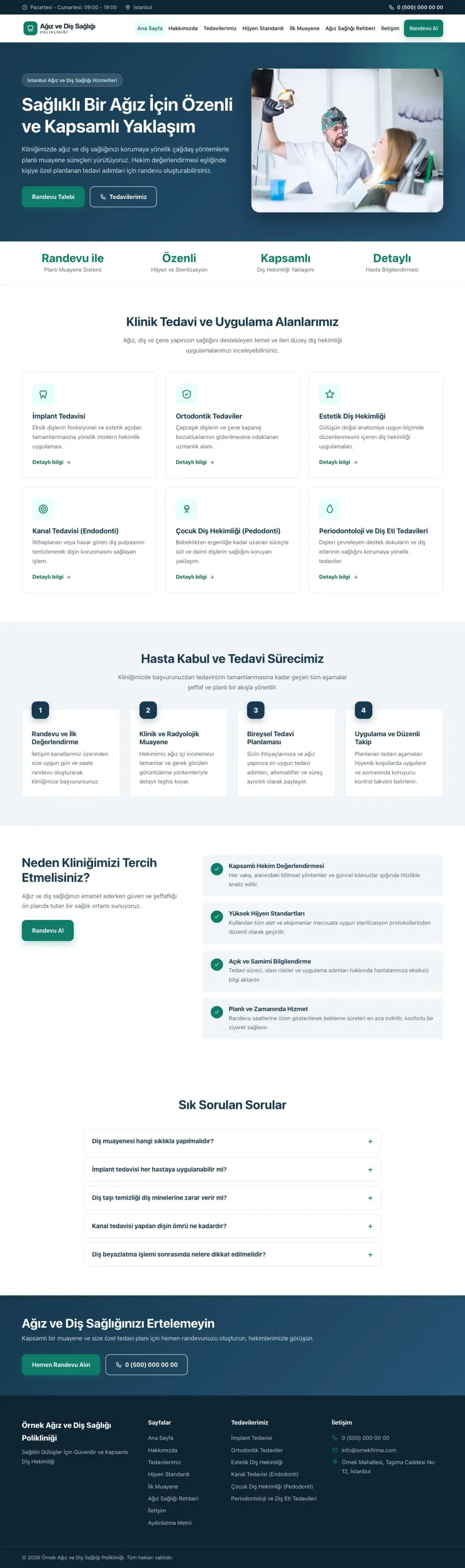 Klasik Mavi Turkuaz – Diş Hekimi Web Sitesi ana sayfa görünümü
