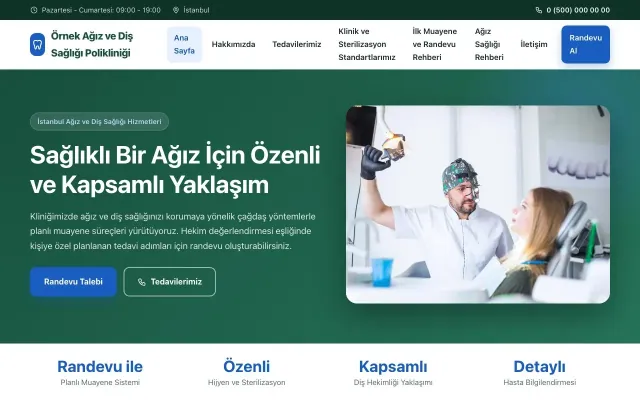 Diş Hekimi için Klasik Petrol Mavi – Diş Hekimi Web Sitesi ana sayfa görünümü