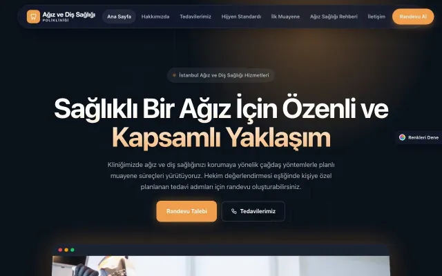 Diş Hekimi için Koyu Modern Mavi Turuncu – Diş Hekimi Web Sitesi ana sayfa görünümü
