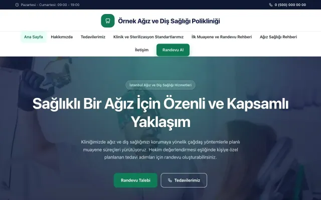 Diş Hekimi için Merkez Lacivert Turkuaz – Diş Hekimi Web Sitesi ana sayfa görünümü