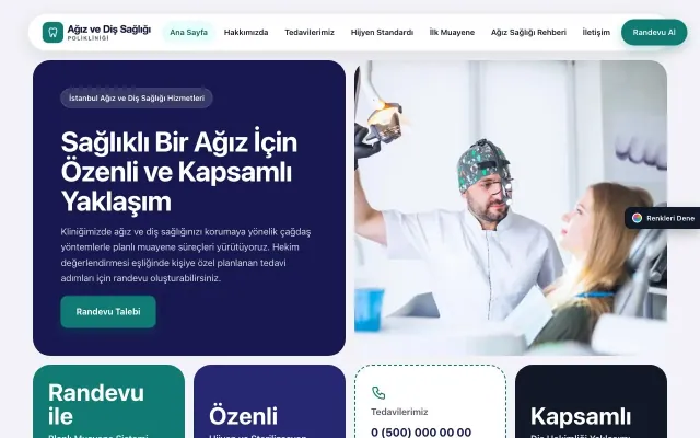 Diş Hekimi için Mozaik Lacivert Turkuaz – Diş Hekimi Web Sitesi ana sayfa görünümü