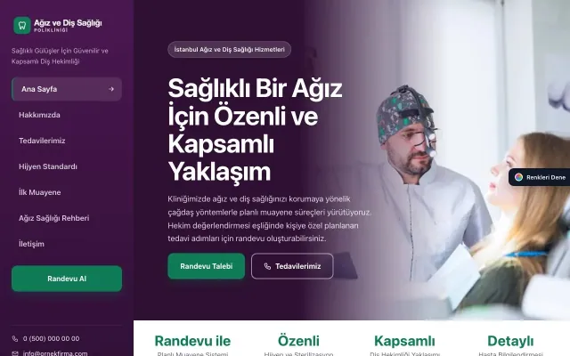 Diş Hekimi için Sol Menü Mor Turkuaz – Diş Hekimi Web Sitesi ana sayfa görünümü