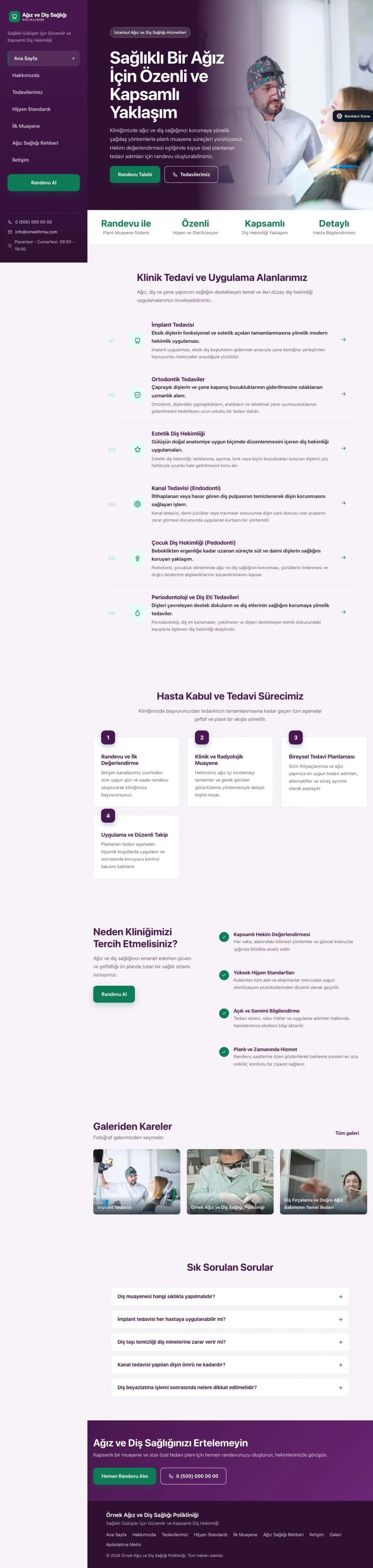 Diş Hekimi için Sol Menü Mor Turkuaz – Diş Hekimi Web Sitesi ana sayfa görünümü