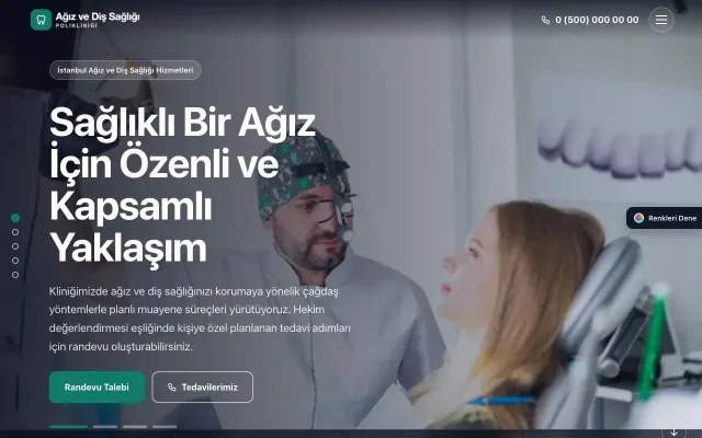 Diş Hekimi için Tam Ekran Lacivert Turkuaz – Diş Hekimi Web Sitesi ana sayfa görünümü