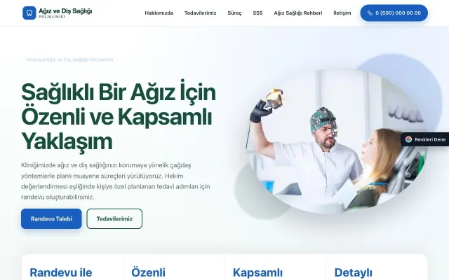 Diş Hekimi için Tek Sayfa Petrol Mavi – Diş Hekimi Web Sitesi ana sayfa görünümü