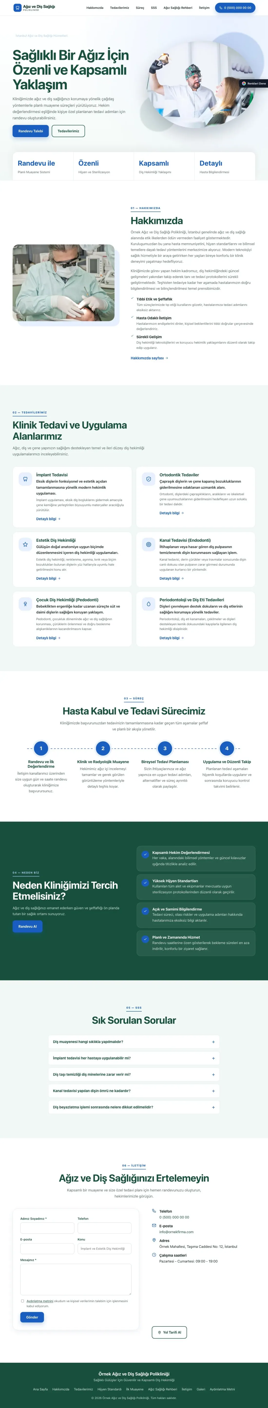 Diş Hekimi için Tek Sayfa Petrol Mavi – Diş Hekimi Web Sitesi ana sayfa görünümü