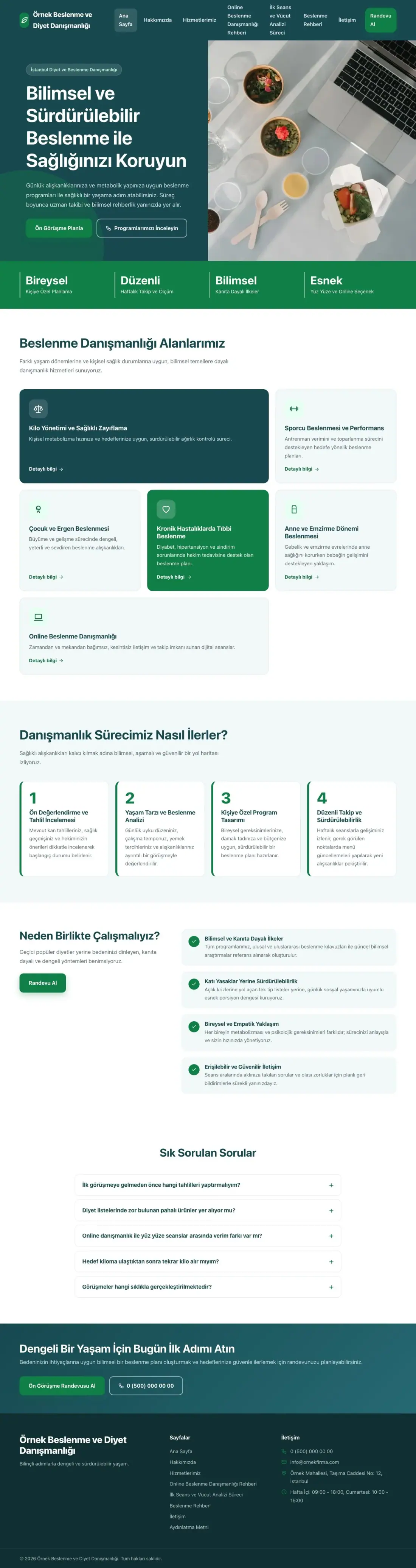 Diyetisyen için Blok Petrol Yeşil – Diyetisyen Web Sitesi ana sayfa görünümü