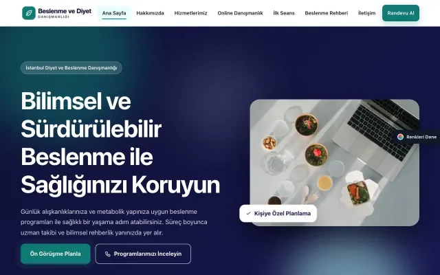 Diyetisyen için Hareketli Lacivert Turkuaz – Diyetisyen Web Sitesi ana sayfa görünümü