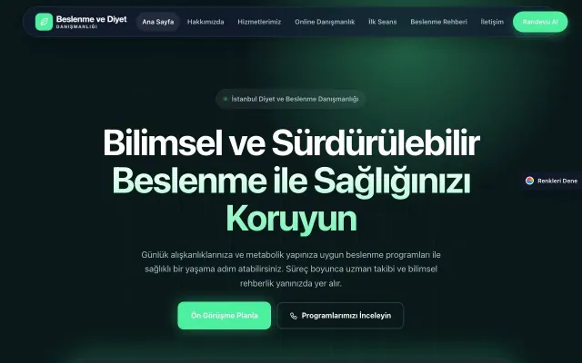 Diyetisyen için Koyu Modern Petrol Yeşil – Diyetisyen Web Sitesi ana sayfa görünümü