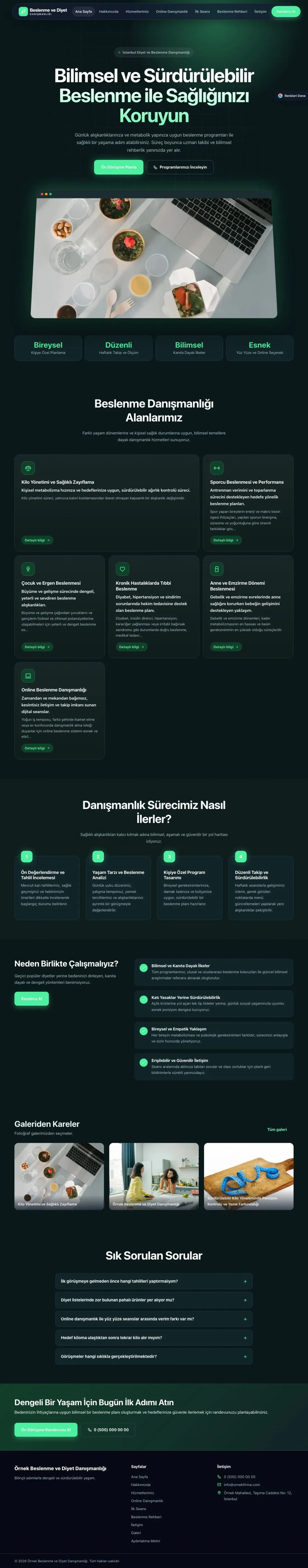Diyetisyen için Koyu Modern Petrol Yeşil – Diyetisyen Web Sitesi ana sayfa görünümü