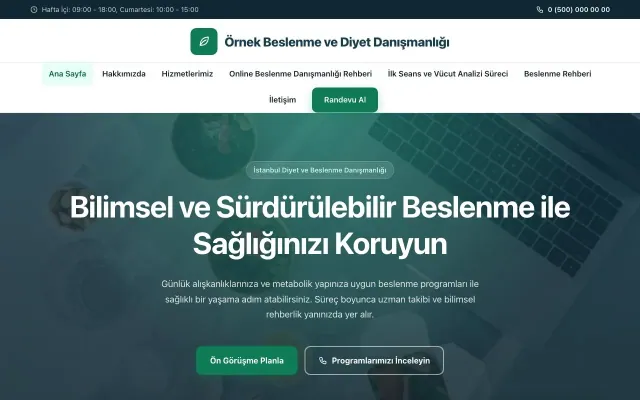 Diyetisyen için Merkez Mavi Turkuaz – Diyetisyen Web Sitesi ana sayfa görünümü