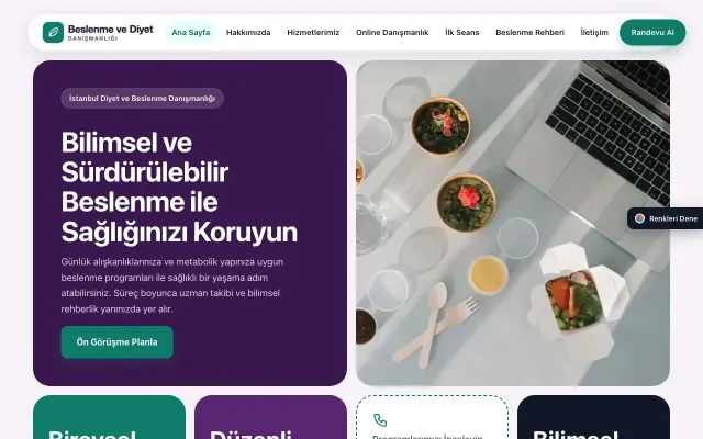 Diyetisyen için Mozaik Mor Turkuaz – Diyetisyen Web Sitesi ana sayfa görünümü
