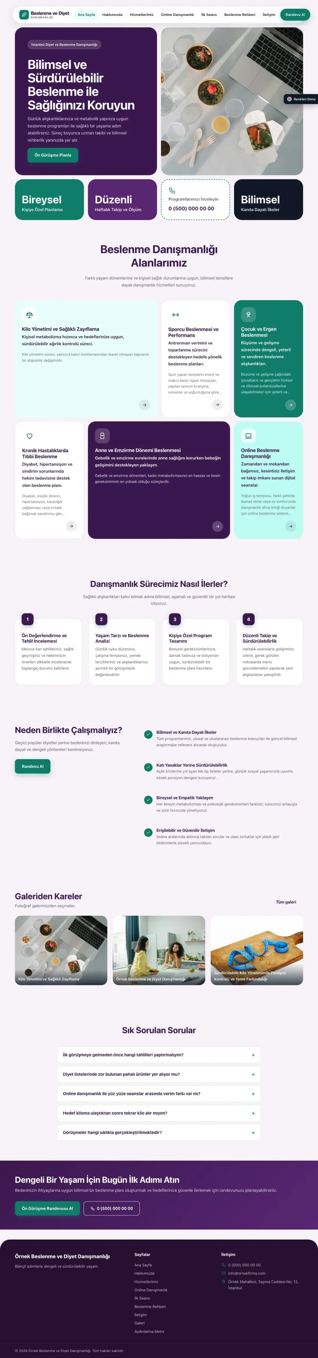 Diyetisyen için Mozaik Mor Turkuaz – Diyetisyen Web Sitesi ana sayfa görünümü