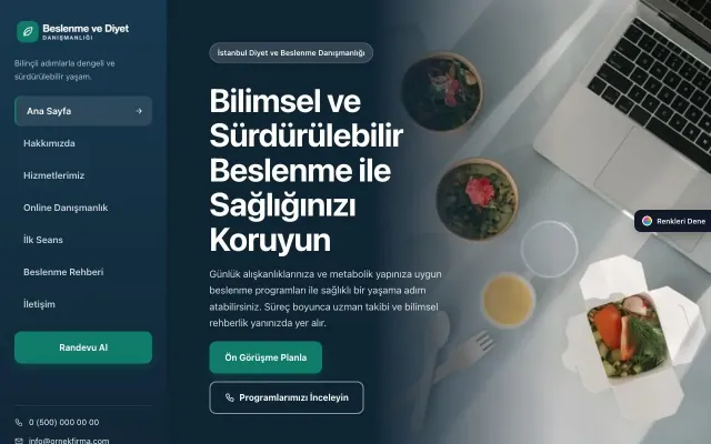 Diyetisyen için Sol Menü Mavi Turkuaz – Diyetisyen Web Sitesi ana sayfa görünümü
