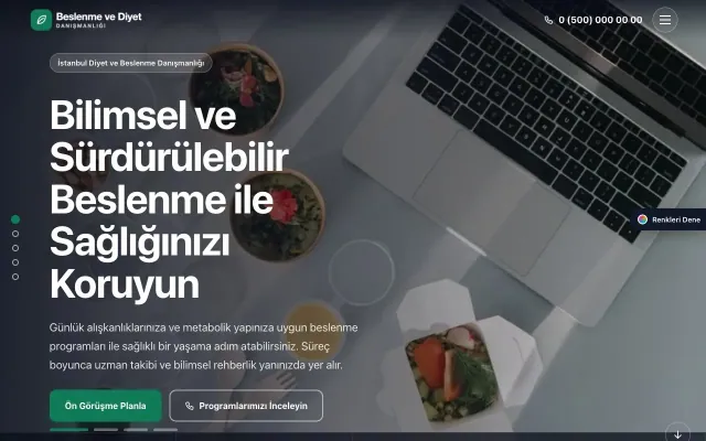 Diyetisyen için Tam Ekran Mor Turkuaz – Diyetisyen Web Sitesi ana sayfa görünümü