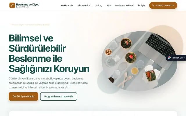 Diyetisyen için Tek Sayfa Petrol Turuncu – Diyetisyen Web Sitesi ana sayfa görünümü