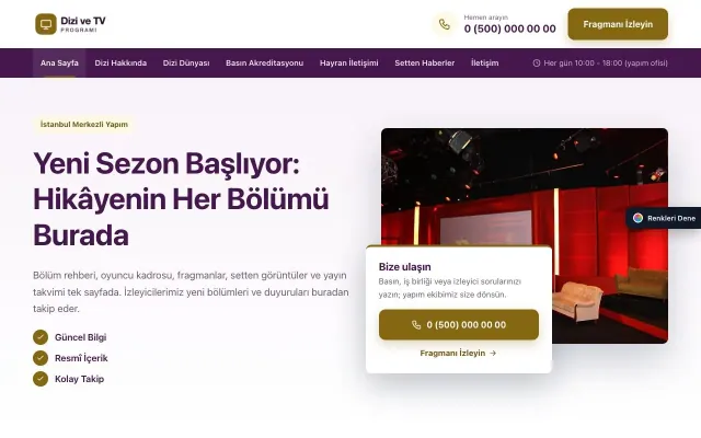 Dizi ve TV Programı için Bölünmüş Mor Amber – Dizi ve TV Programı Web Sitesi ana sayfa görünümü