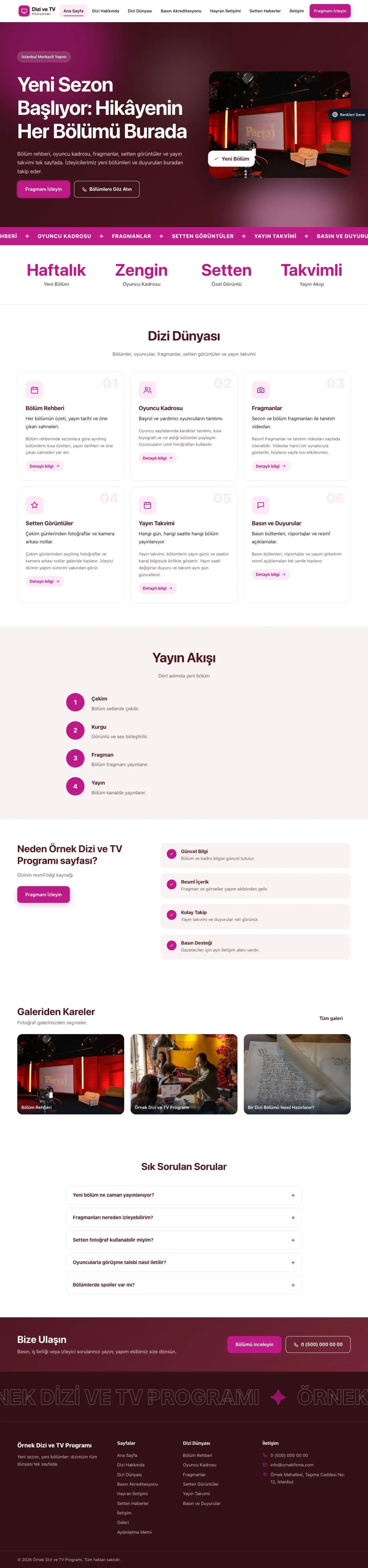 Dizi ve TV Programı için Hareketli Bordo Pembe – Dizi ve TV Programı Web Sitesi ana sayfa görünümü