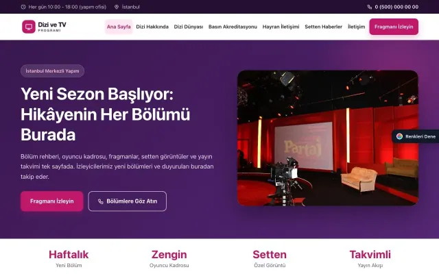 Dizi ve TV Programı için Klasik Mor Pembe – Dizi ve TV Programı Web Sitesi ana sayfa görünümü