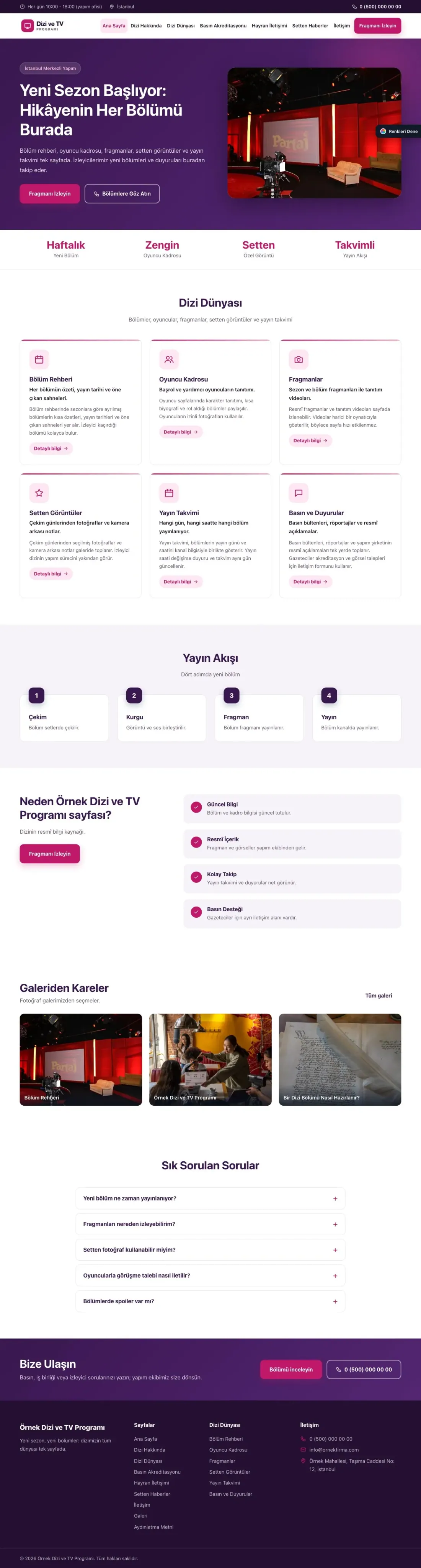 Dizi ve TV Programı için Klasik Mor Pembe – Dizi ve TV Programı Web Sitesi ana sayfa görünümü