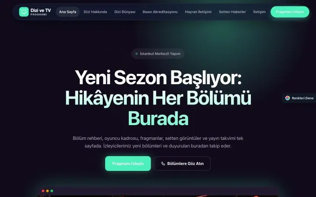 Dizi ve TV Programı için Koyu Modern Mor Turkuaz – Dizi ve TV Programı Web Sitesi ana sayfa görünümü