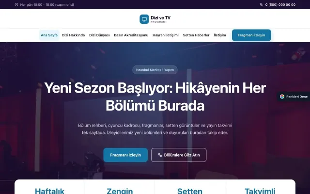 Dizi ve TV Programı için Merkez Mor Mavi – Dizi ve TV Programı Web Sitesi ana sayfa görünümü