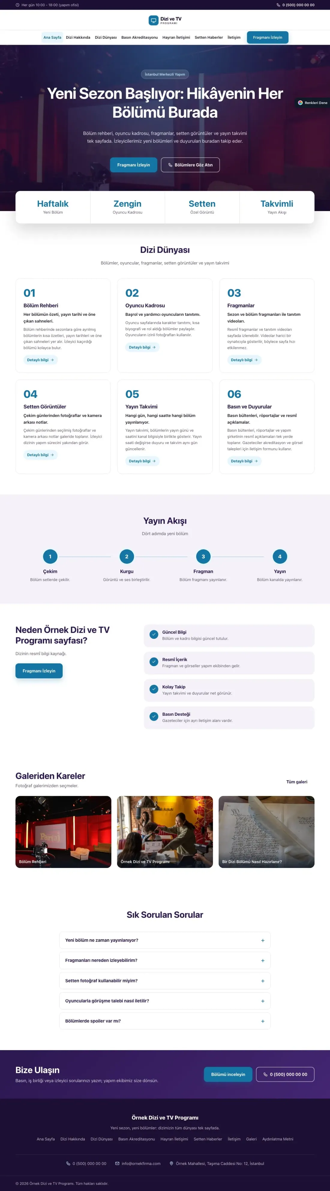 Dizi ve TV Programı için Merkez Mor Mavi – Dizi ve TV Programı Web Sitesi ana sayfa görünümü