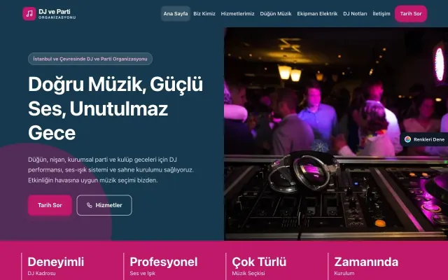 DJ ve Parti Organizasyonu için Blok Mavi Pembe – DJ ve Parti Organizasyonu Web Sitesi ana sayfa görünümü