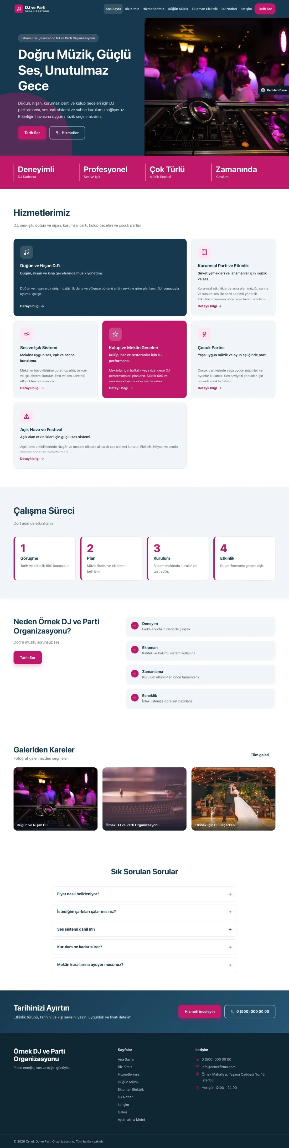 DJ ve Parti Organizasyonu için Blok Mavi Pembe – DJ ve Parti Organizasyonu Web Sitesi ana sayfa görünümü